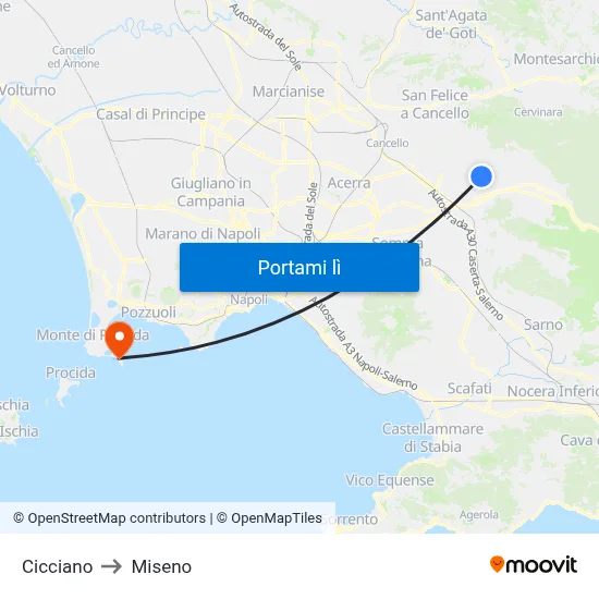 Cicciano to Miseno map