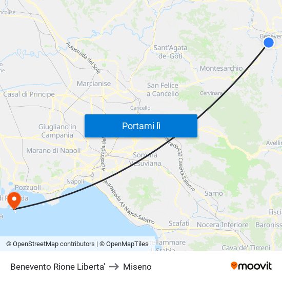 Benevento Rione Liberta' to Miseno map