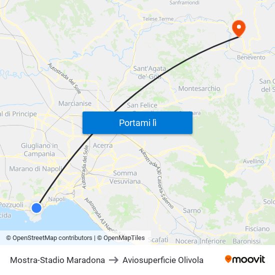 Mostra-Stadio Maradona to Aviosuperficie Olivola map