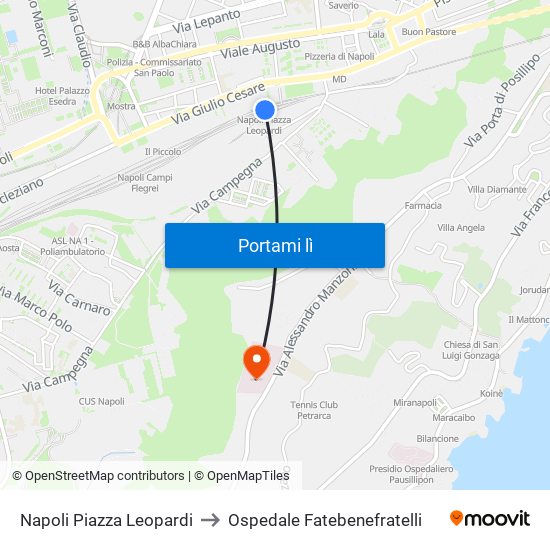 Napoli Piazza Leopardi to Ospedale Fatebenefratelli map