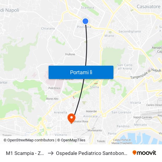 M1 Scampia - Zuccarini to Ospedale Pediatrico Santobono-Pausillipon map