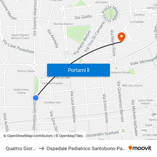 Quattro Giornate to Ospedale Pediatrico Santobono-Pausillipon map
