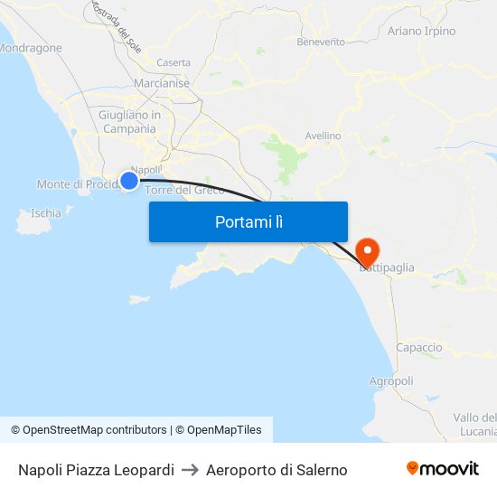 Napoli Piazza Leopardi to Aeroporto di Salerno map