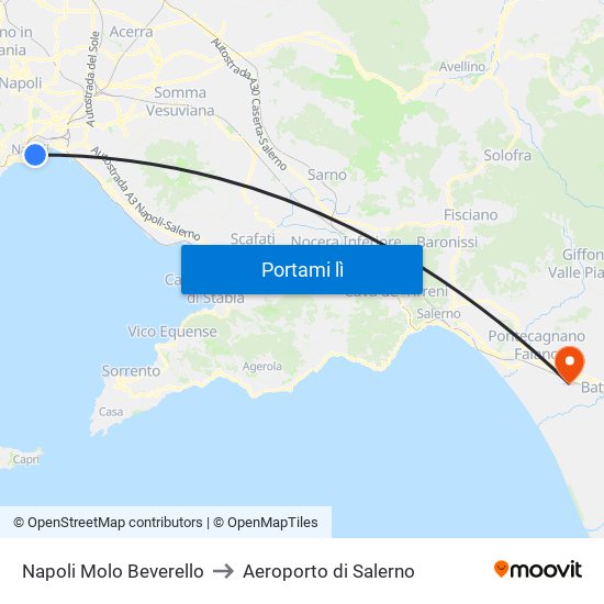 Napoli Molo Beverello to Aeroporto di Salerno map