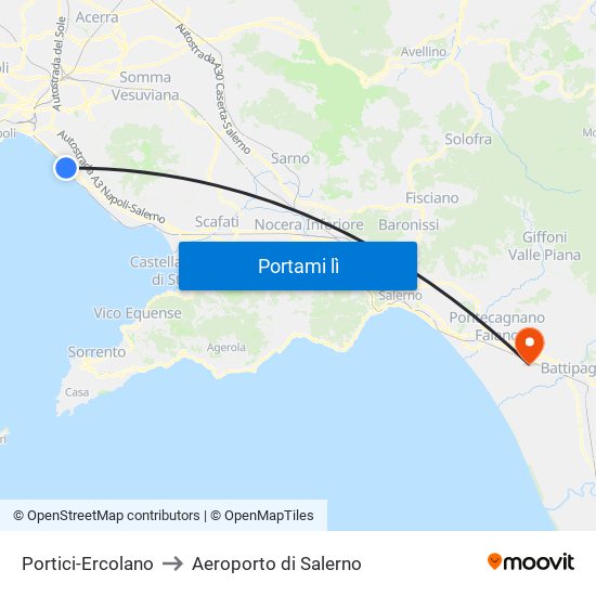 Portici-Ercolano to Aeroporto di Salerno map