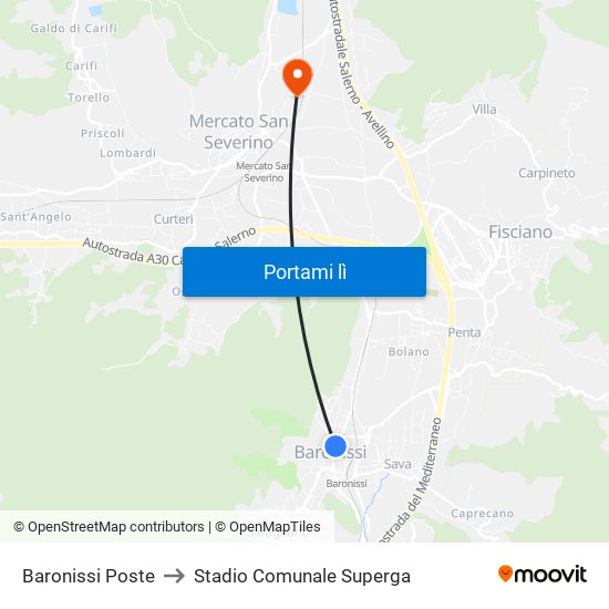 Baronissi Poste to Stadio Comunale Superga map