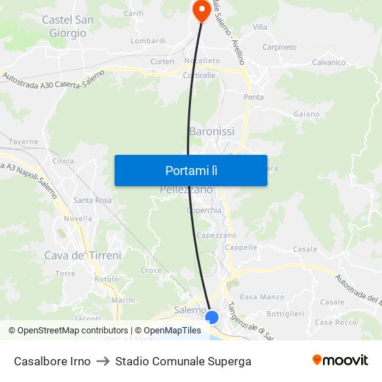 Casalbore Irno to Stadio Comunale Superga map