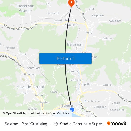 Salerno - P.za XXIV Maggio to Stadio Comunale Superga map