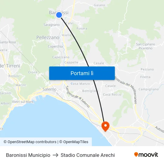 Baronissi Municipio to Stadio Comunale Arechi map