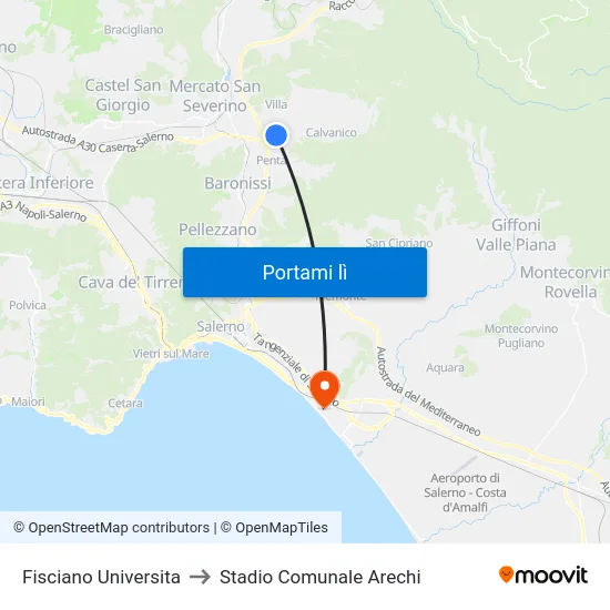 Fisciano Universita to Stadio Comunale Arechi map