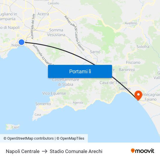 Napoli Centrale to Stadio Comunale Arechi map