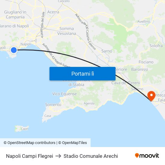 Napoli Campi Flegrei to Stadio Comunale Arechi map