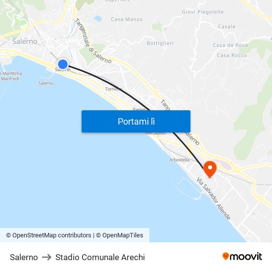 Salerno to Stadio Comunale Arechi map