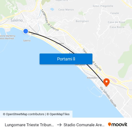 Lungomare Trieste Tribunale to Stadio Comunale Arechi map