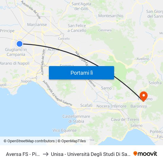 Aversa FS - Piazza Mazzini to Unisa - Università Degli Studi Di Salerno - Campus Di Fisciano map