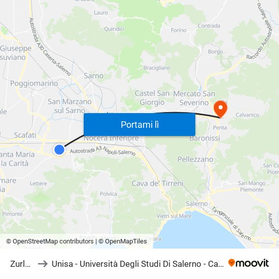Zurlo 76 to Unisa - Università Degli Studi Di Salerno - Campus Di Fisciano map