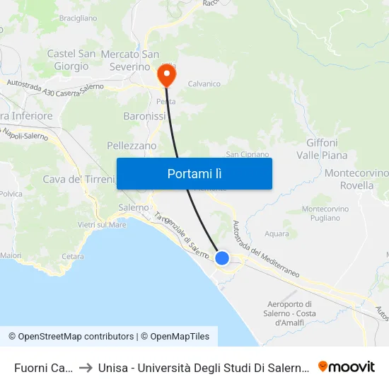 Fuorni Capolinea to Unisa - Università Degli Studi Di Salerno - Campus Di Fisciano map