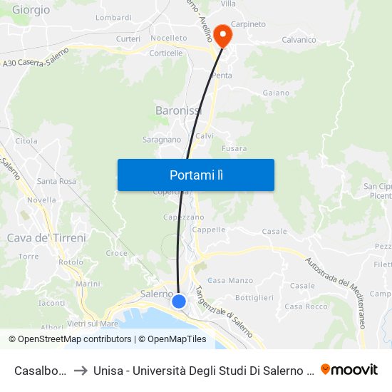 Casalbore Irno to Unisa - Università Degli Studi Di Salerno - Campus Di Fisciano map