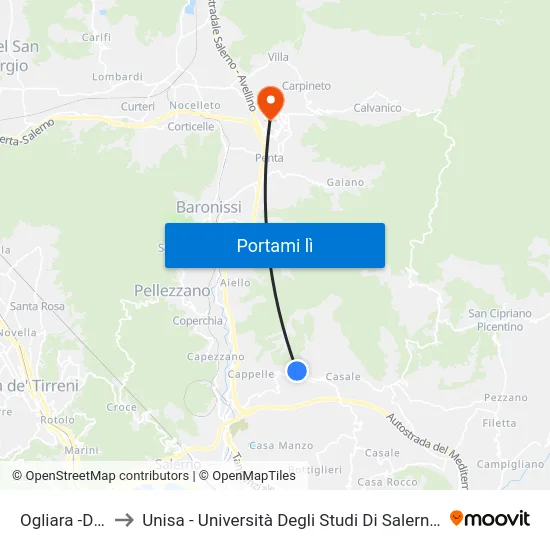 Ogliara -Df Civ. 20 to Unisa - Università Degli Studi Di Salerno - Campus Di Fisciano map
