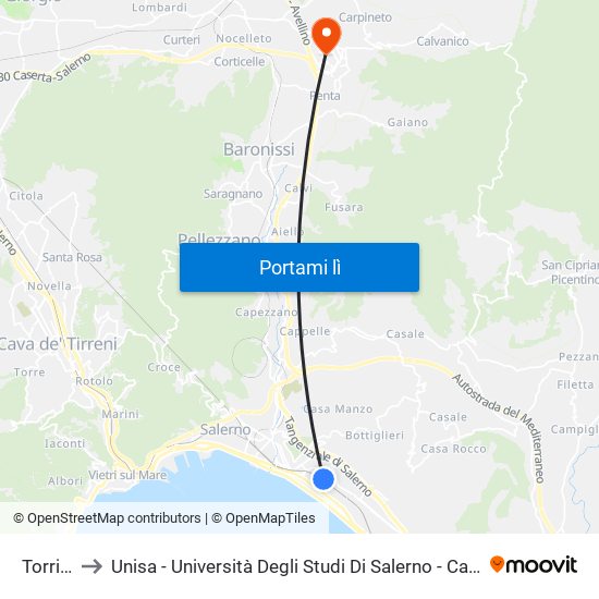 Torrione to Unisa - Università Degli Studi Di Salerno - Campus Di Fisciano map