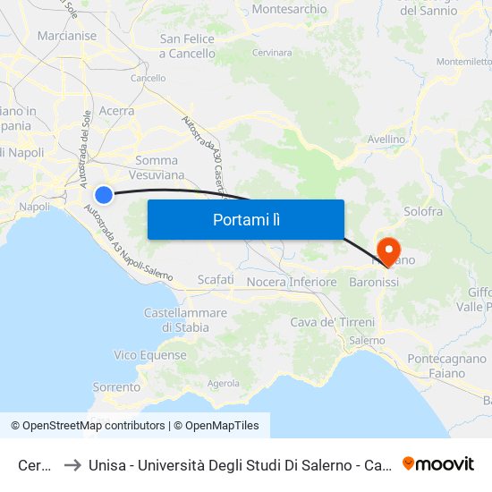 Cercola to Unisa - Università Degli Studi Di Salerno - Campus Di Fisciano map