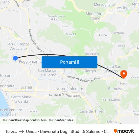 Terzigno to Unisa - Università Degli Studi Di Salerno - Campus Di Fisciano map