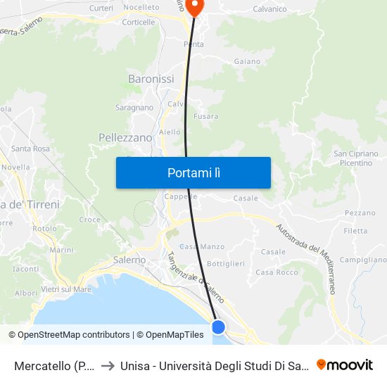 Mercatello (P.Zza Grasso) to Unisa - Università Degli Studi Di Salerno - Campus Di Fisciano map