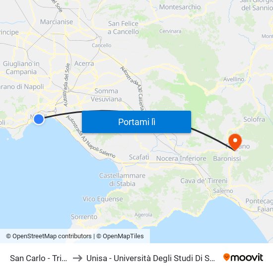 San Carlo - Trieste E Trento to Unisa - Università Degli Studi Di Salerno - Campus Di Fisciano map