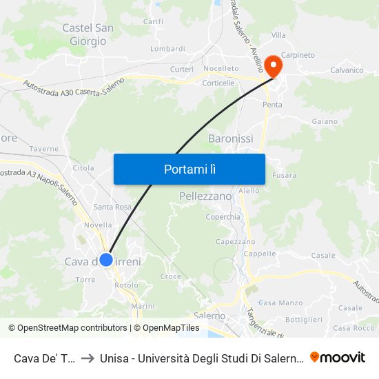 Cava De' Tirreni FS to Unisa - Università Degli Studi Di Salerno - Campus Di Fisciano map