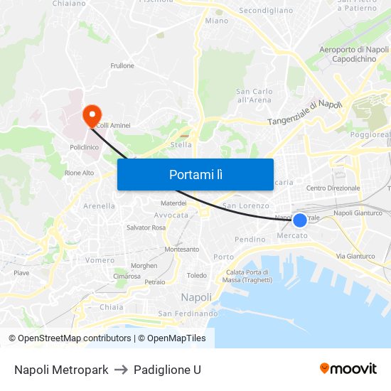 Napoli Metropark to Padiglione U map