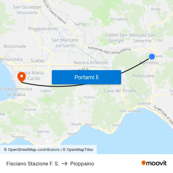 Fisciano Stazione F. S. to Pioppaino map