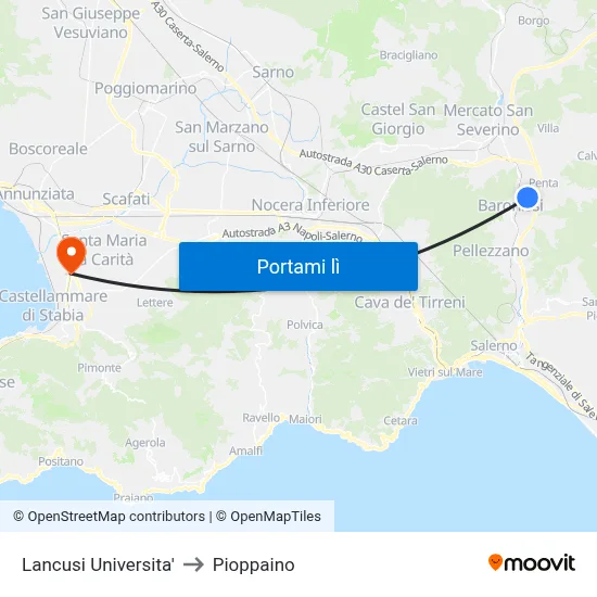 Lancusi Universita' to Pioppaino map