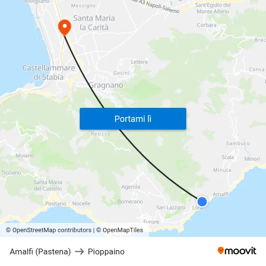 Amalfi (Pastena) to Pioppaino map