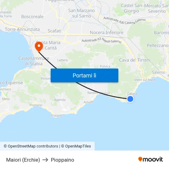 Maiori (Erchie) to Pioppaino map