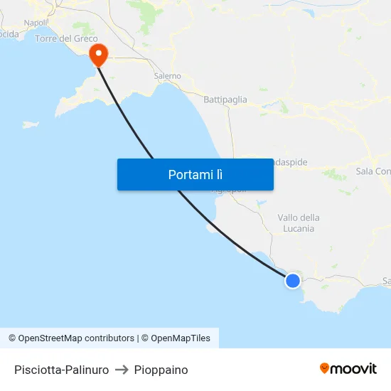 Pisciotta-Palinuro to Pioppaino map