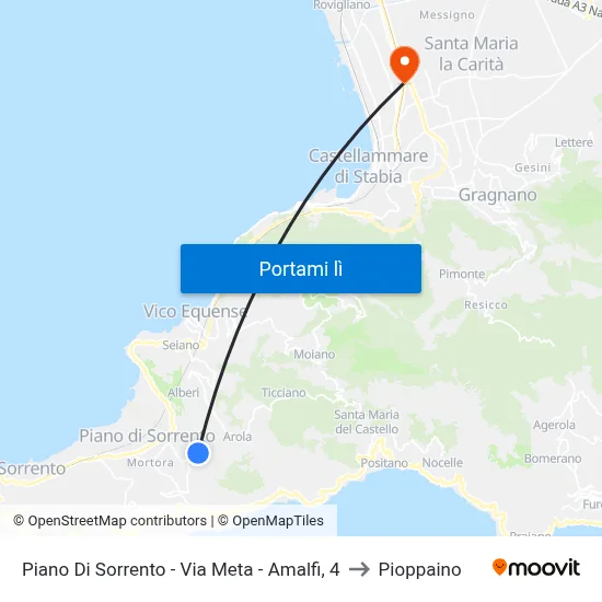 Piano Di Sorrento - Via Meta - Amalfi, 4 to Pioppaino map