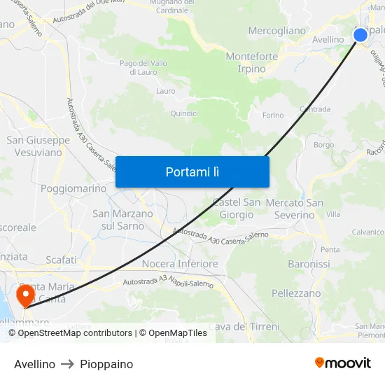 Avellino to Pioppaino map