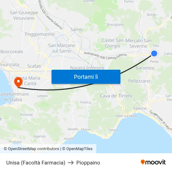 Unisa (Facoltà Farmacia) to Pioppaino map