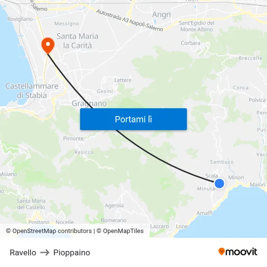 Ravello to Pioppaino map