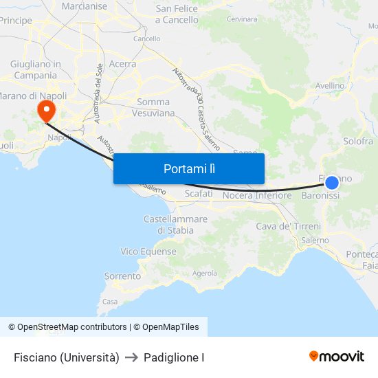 Fisciano (Università) to Padiglione I map