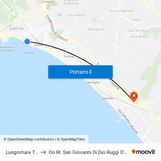 Lungomare Trieste Tribunale to Oo.Rr. San Giovanni Di Dio Ruggi D'Aragona - Scuola Medica Salernitana map