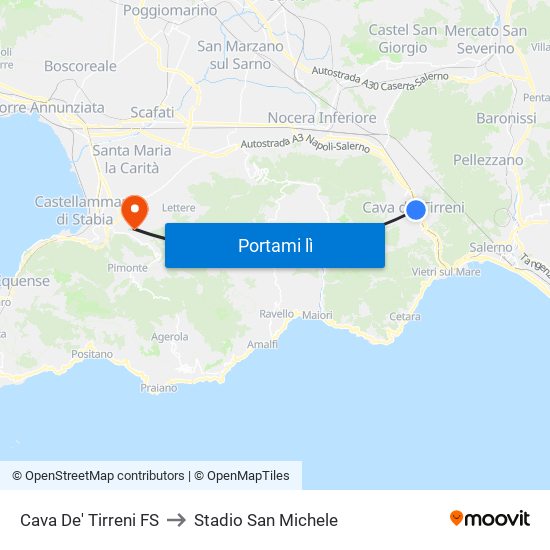 Cava De' Tirreni FS to Stadio San Michele map