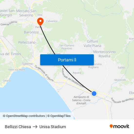 Bellizzi Chiesa to Unisa Stadium map