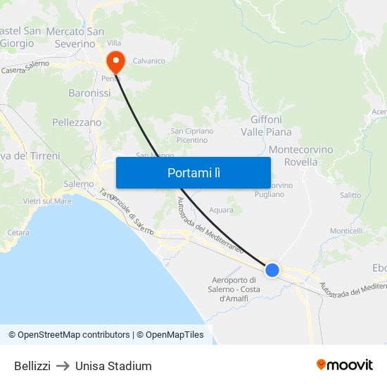 Bellizzi to Unisa Stadium map