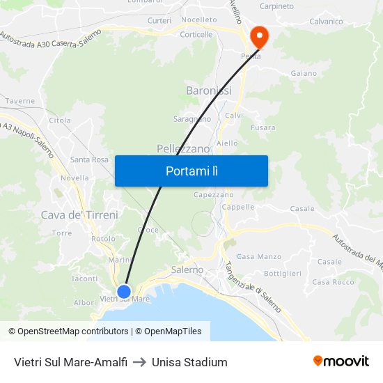 Vietri Sul Mare-Amalfi to Unisa Stadium map