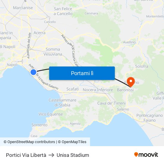 Portici Via Libertà to Unisa Stadium map