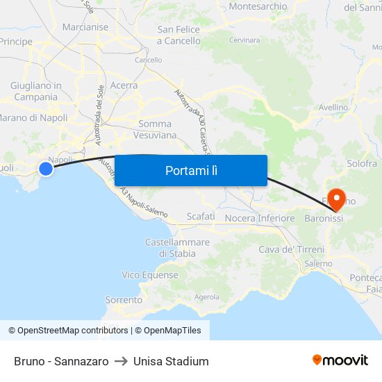 Bruno - Sannazaro to Unisa Stadium map