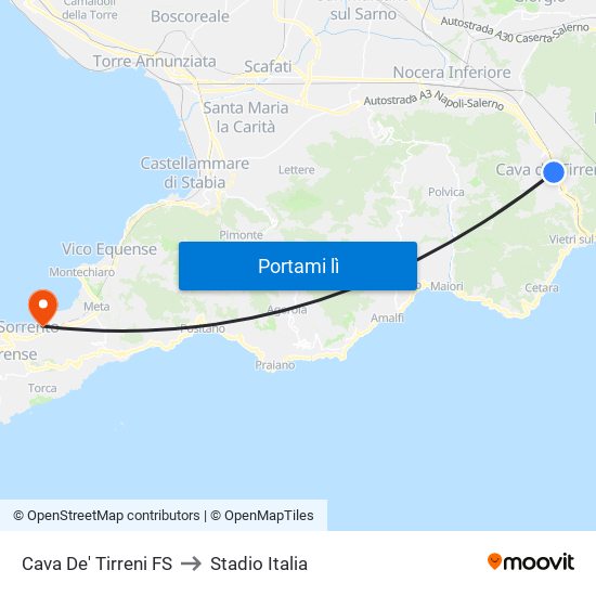 Cava De' Tirreni FS to Stadio Italia map