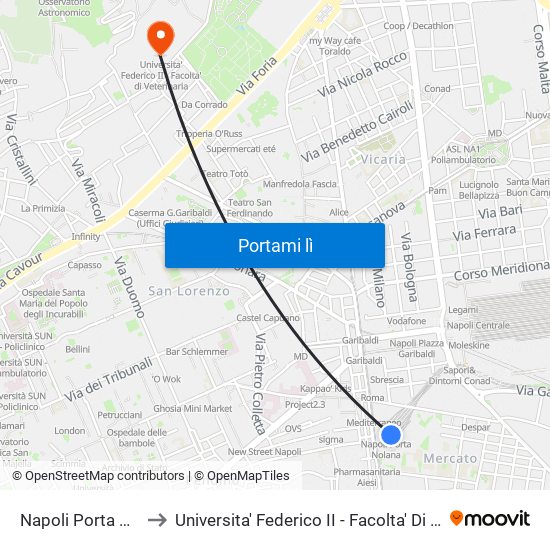 Napoli Porta Nolana to Universita' Federico II - Facolta' Di Veterinaria map