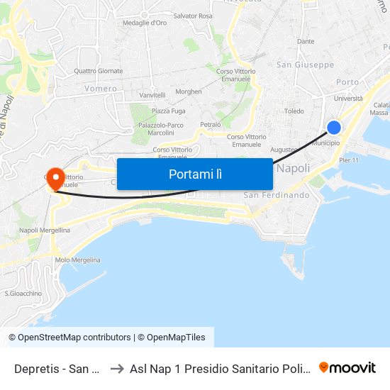 Depretis - San Marco to Asl Nap 1 Presidio Sanitario Polifunzionale map